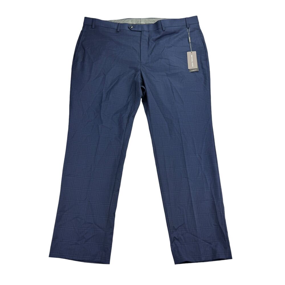 Michael Kors Mens Marvin Classic Fit Plaid Stretch Suit Pants Navy Blue 42x30